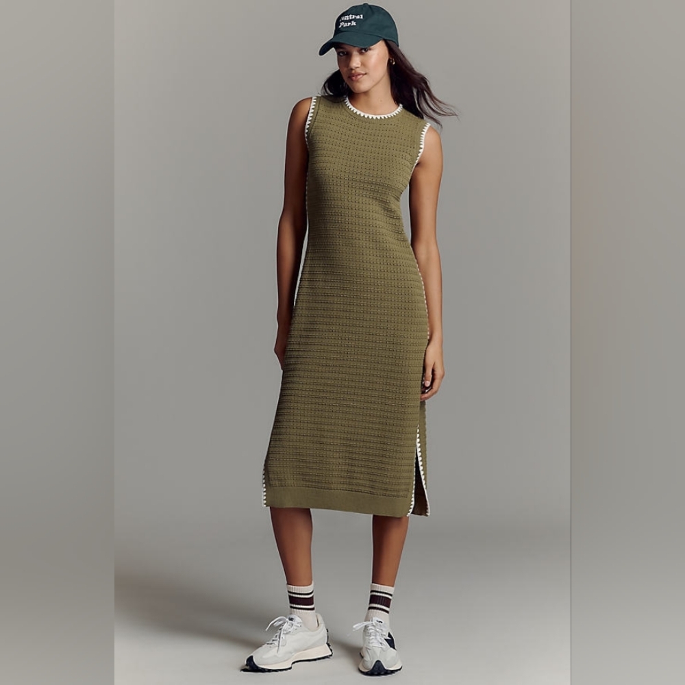 NWT Varley Dwight Knit Midi Dress- Olive With Cream Trim